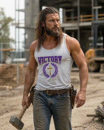 Man holding a hammer in a construction site wearing a tank top with 'Victory' text.
