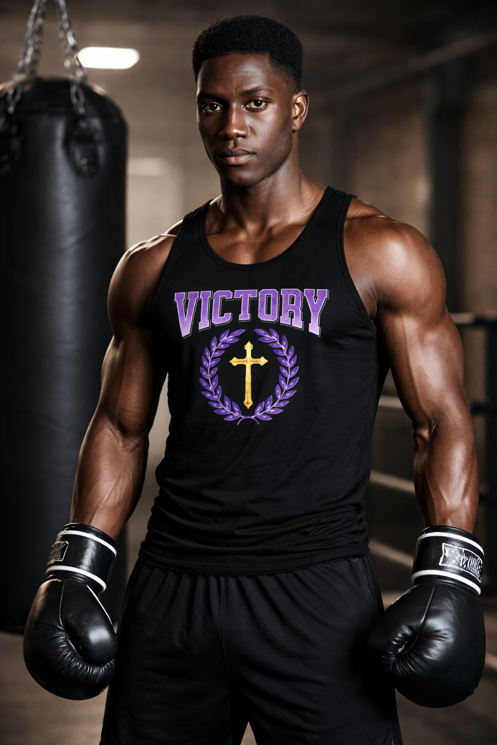 Athlete in a gym wearing a tank top with 'Victory' and a cross design.