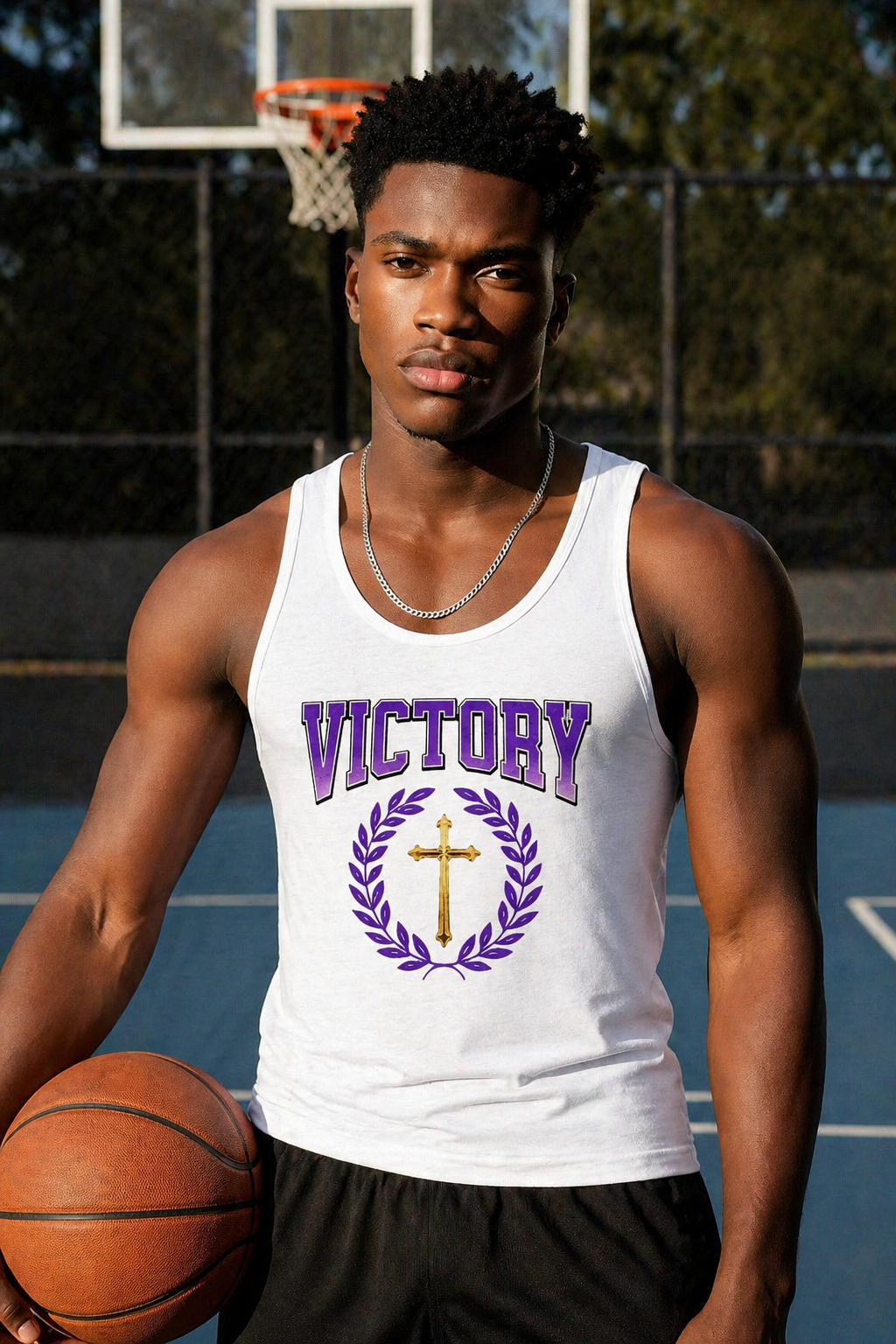 Man holding a basketball wearing a 'Victory' tank top with a cross design on an outdoor basketball court.