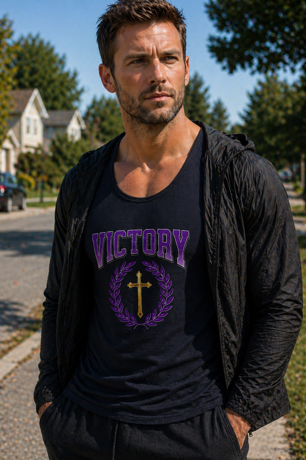 Man wearing a black t-shirt with 'VICTORY' and a cross design outdoors.