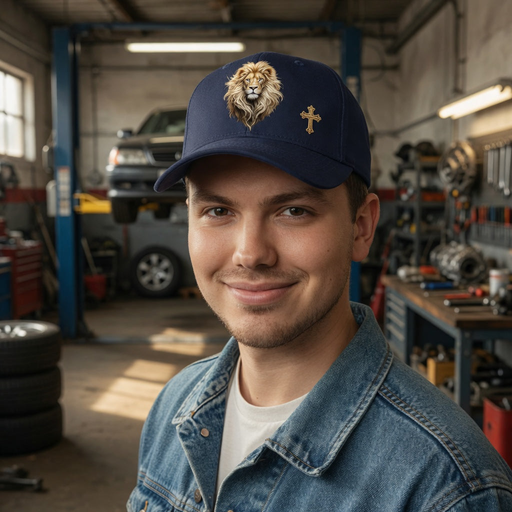 Man wearing a navy blue cap with a lion emblem in a workshop setting