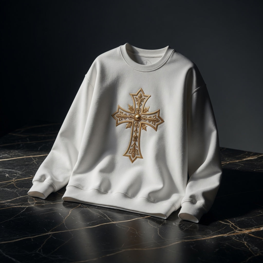 White sweatshirt with a gold cross design on a dark marble surface