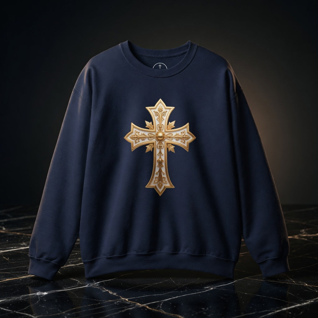 Navy blue sweatshirt with a gold cross design on a dark background
