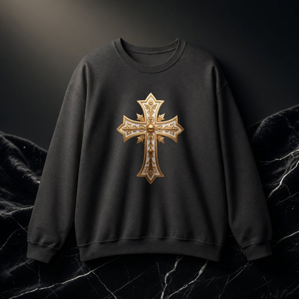 Black sweatshirt with a gold cross design on a dark background