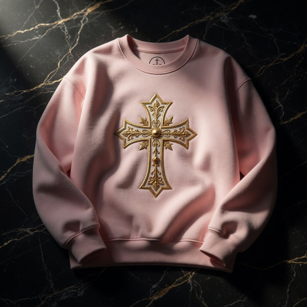 Pink sweatshirt with a gold cross design on a dark marble background