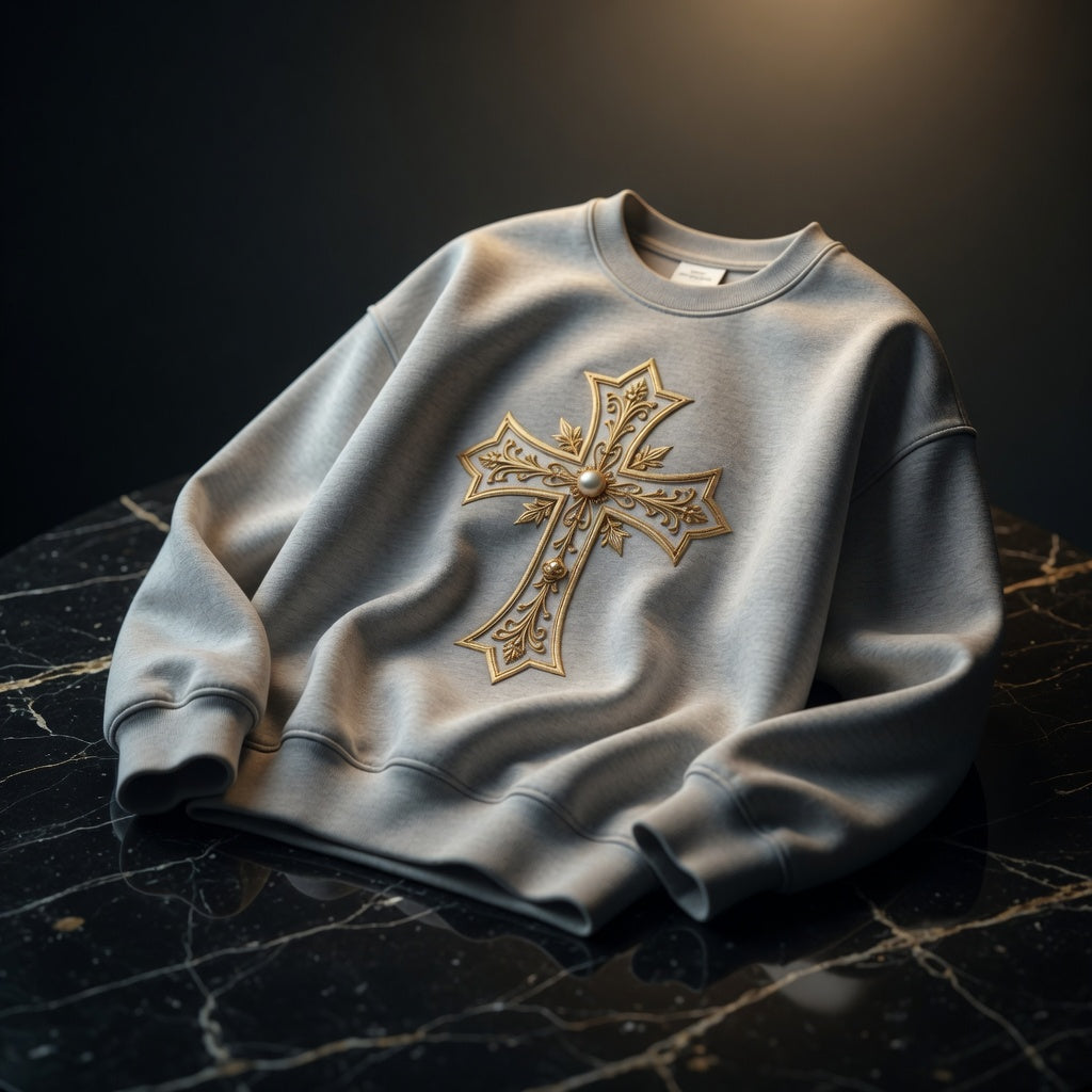 Gray sweatshirt with a gold cross design on a dark surface
