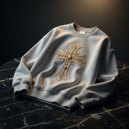 Gray sweatshirt with a gold cross design on a dark surface