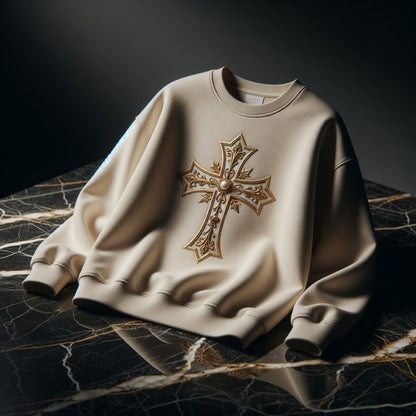 Beige sweatshirt with a decorative cross on a marble surface