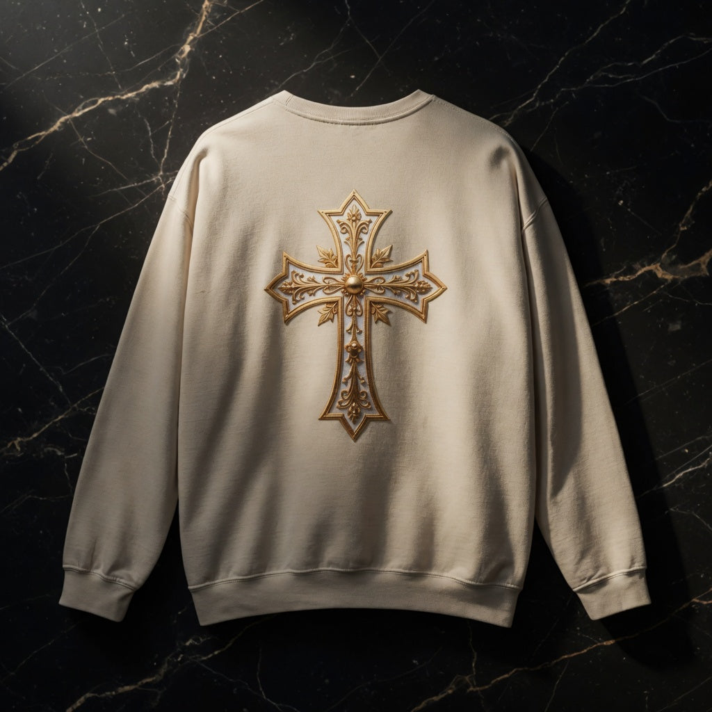 Beige sweatshirt with a gold cross design on a dark marble background