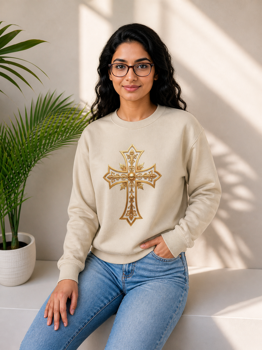 Woman wearing a beige sweatshirt with a gold cross design, sitting on a white surface with a plant in the background.