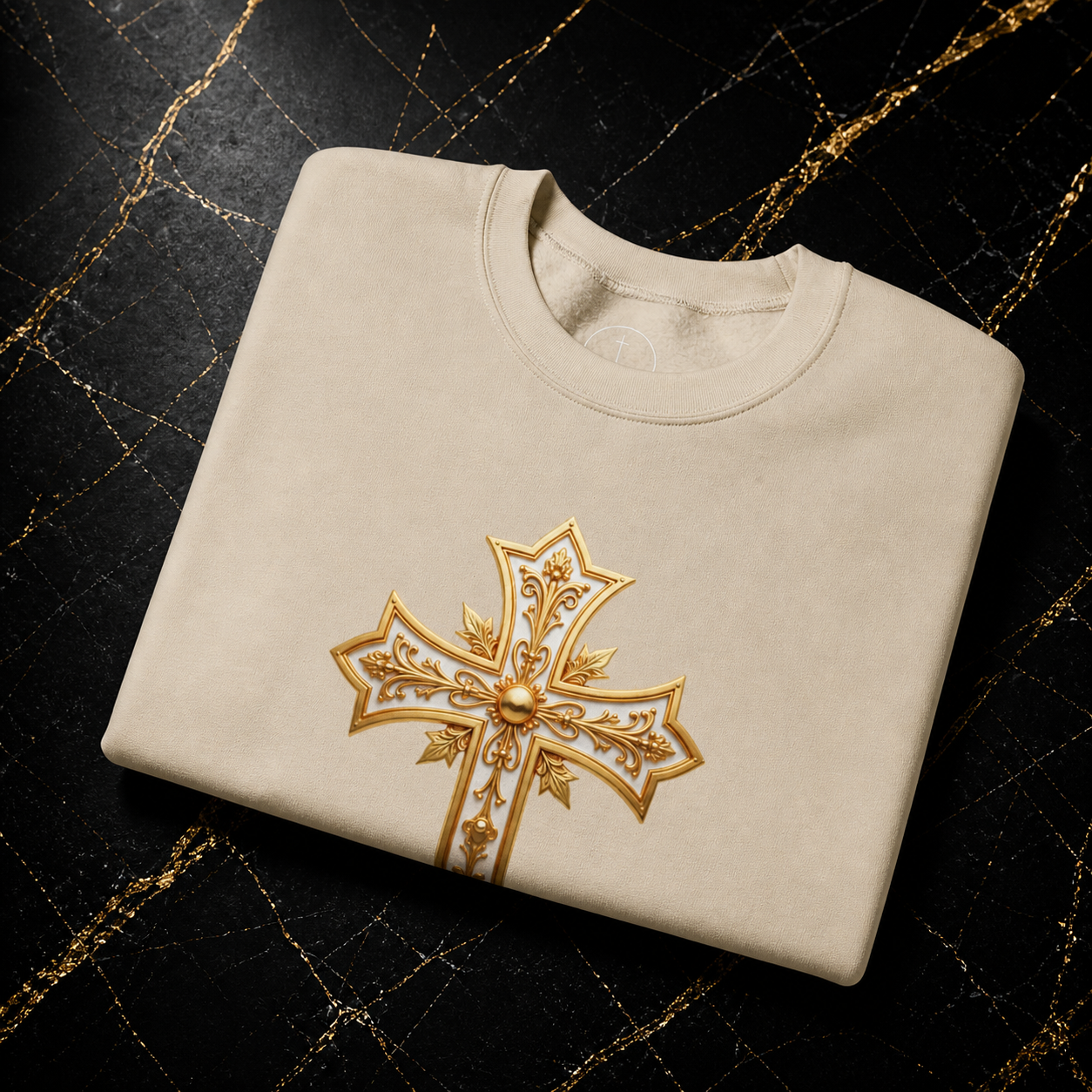 Folded beige sweatshirt with a gold embroidered cross on a dark background