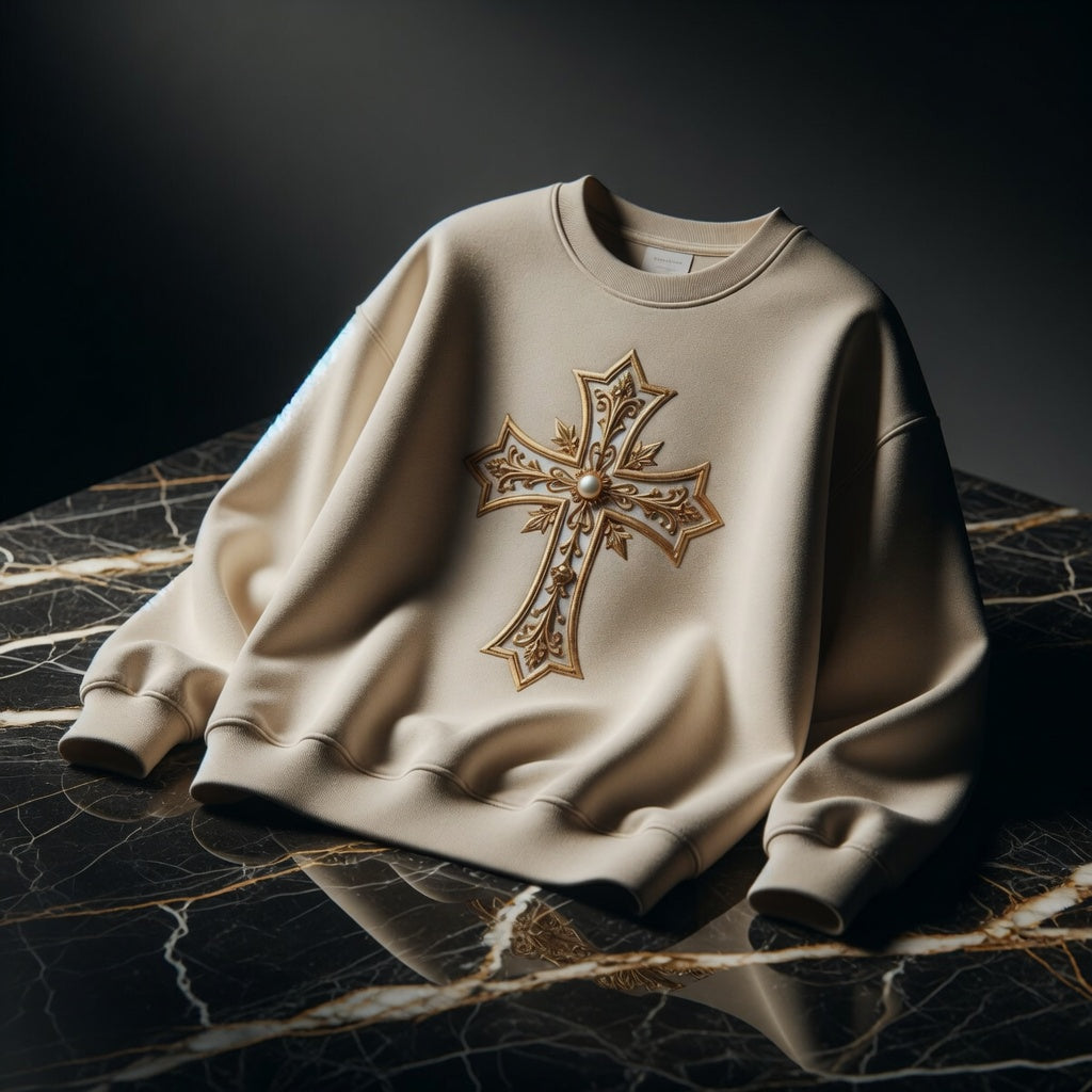 Beige sweatshirt with a decorative cross on a marble surface