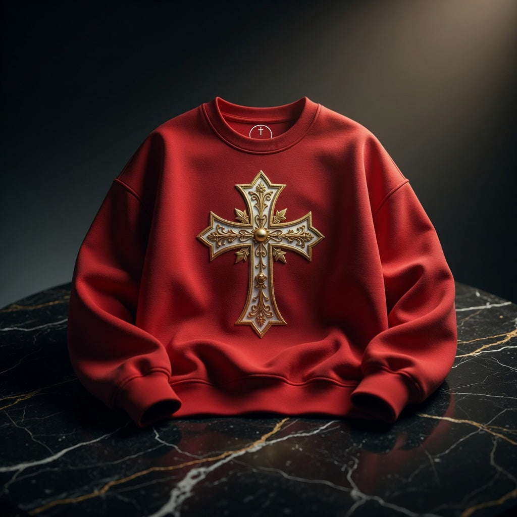 Red sweatshirt with a gold cross design on a dark marble surface