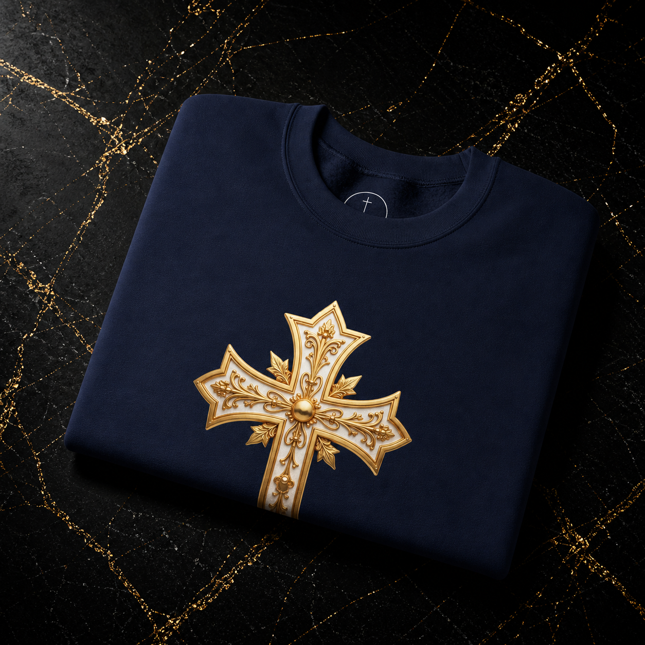 Navy blue sweatshirt with a gold cross design on a dark background