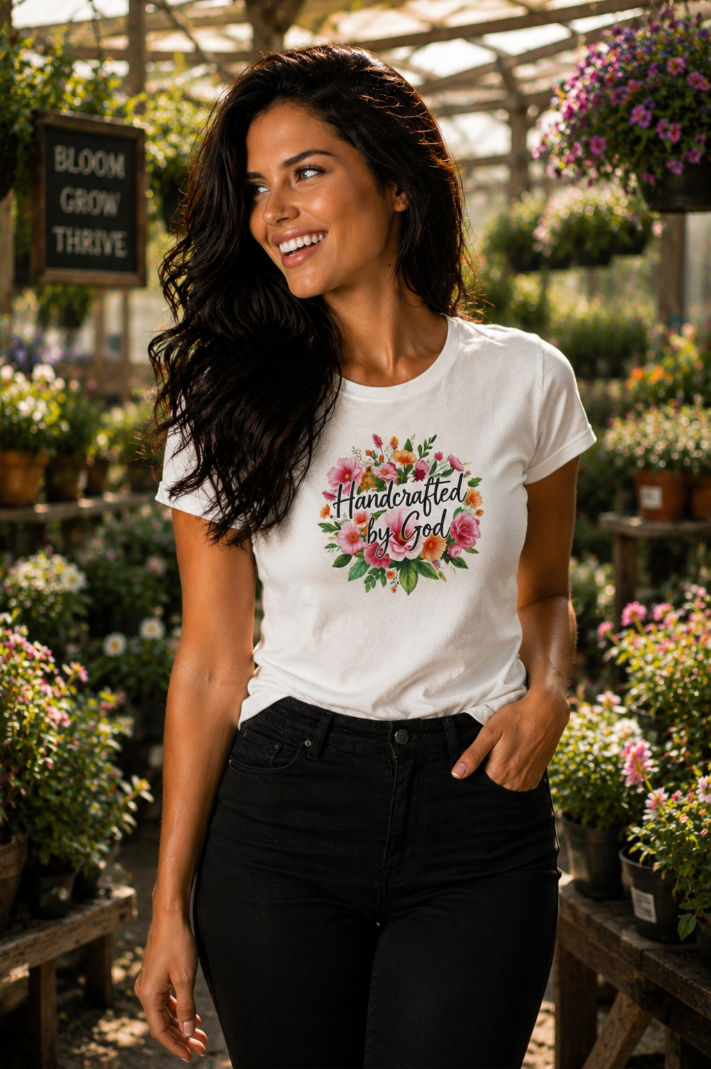 Woman wearing a white t-shirt with floral text design in a garden setting