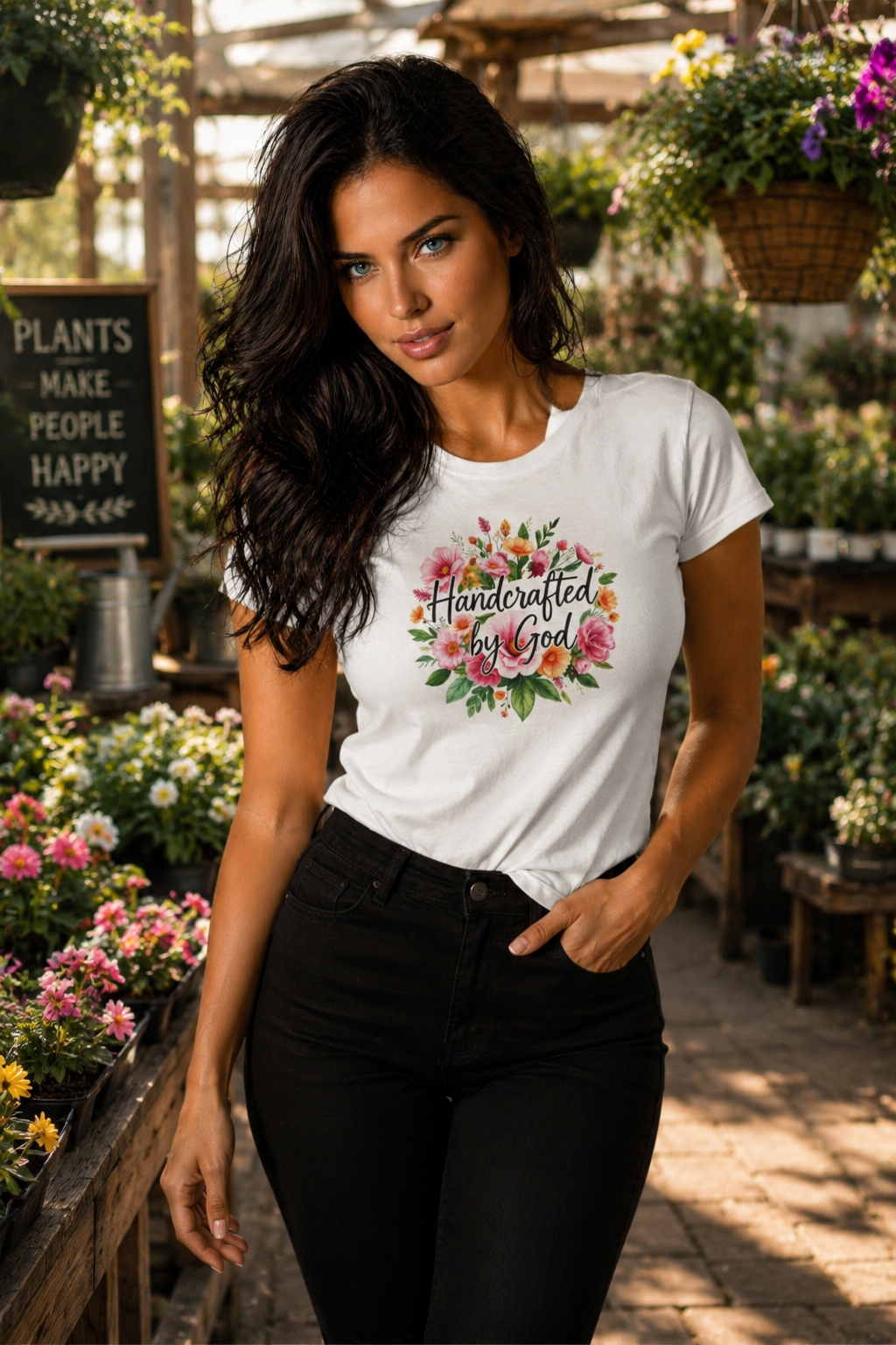 Woman wearing a white t-shirt with floral design and text in a garden setting