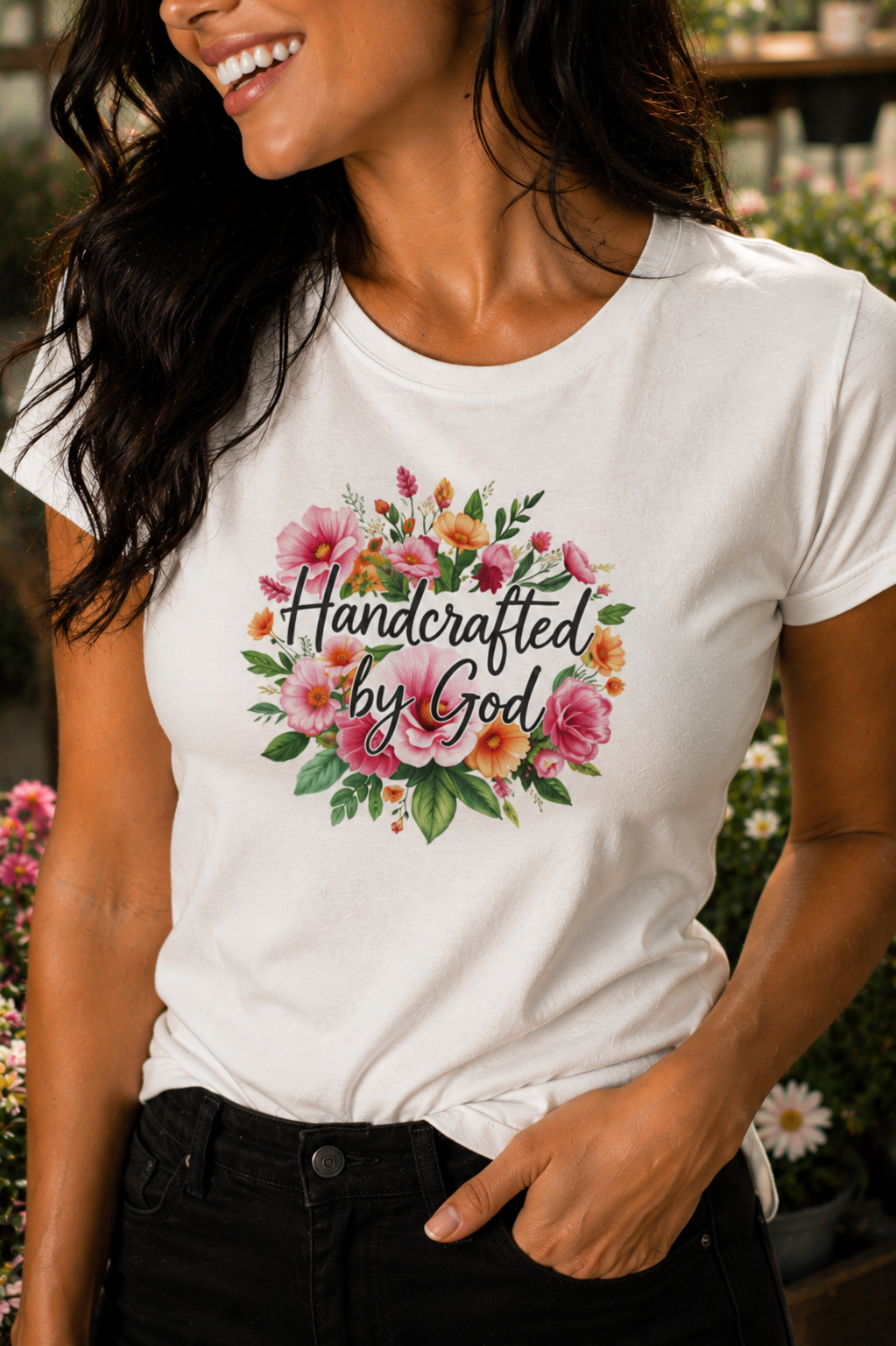 Person wearing a white t-shirt with floral design and text in an outdoor setting