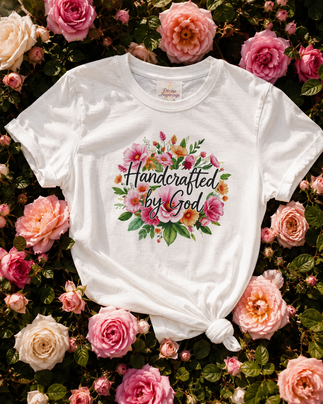 White t-shirt with 'Handcrafted by God' design on a bed of pink roses