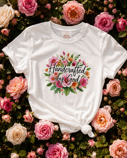 White t-shirt with 'Handcrafted by God' design on a bed of pink roses