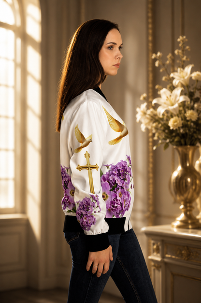 Heavenly Ascent – Gold Cross & Doves Women’s Bomber Jacket