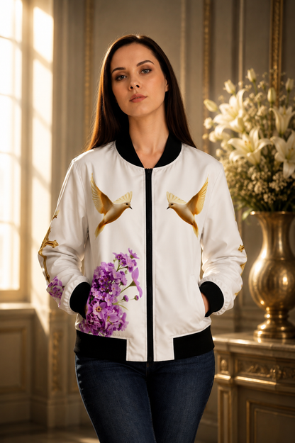 Heavenly Ascent – Gold Cross & Doves Women’s Bomber Jacket