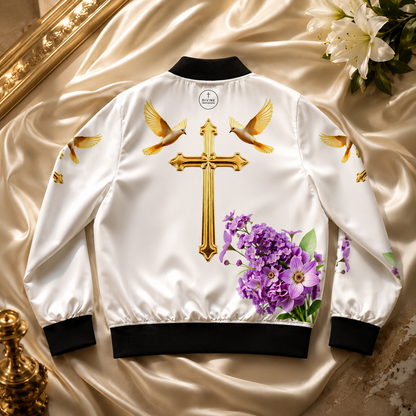Heavenly Ascent – Gold Cross & Doves Women’s Bomber Jacket