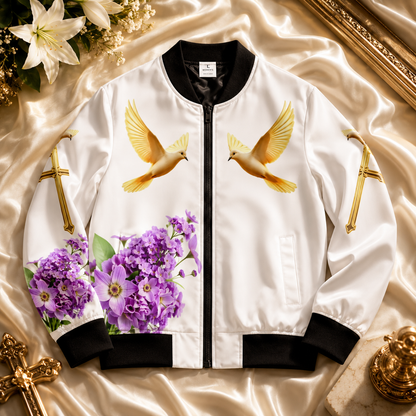 Heavenly Ascent – Gold Cross & Doves Women’s Bomber Jacket