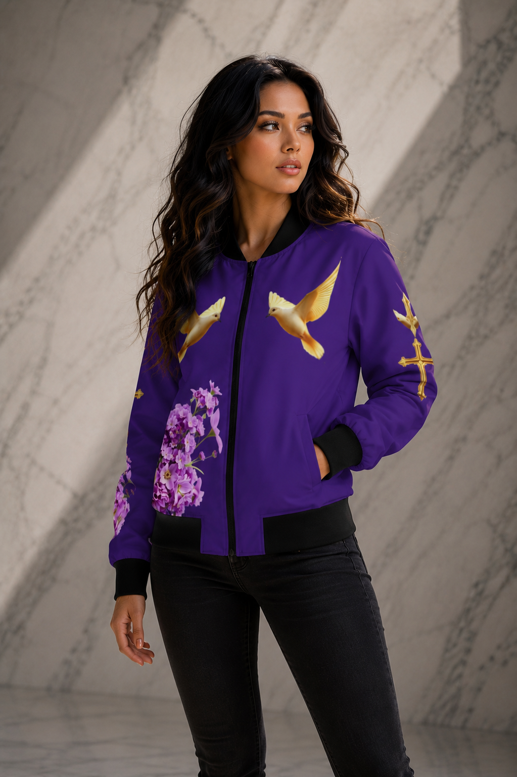 Heavenly Ascent – Women’s Bomber Jacket in Purple