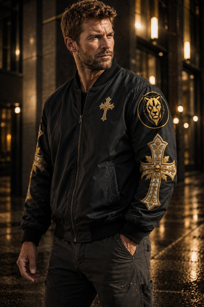 Christ is King (Lion of Judah) - Men's Christian Bomber Jacket (Black)