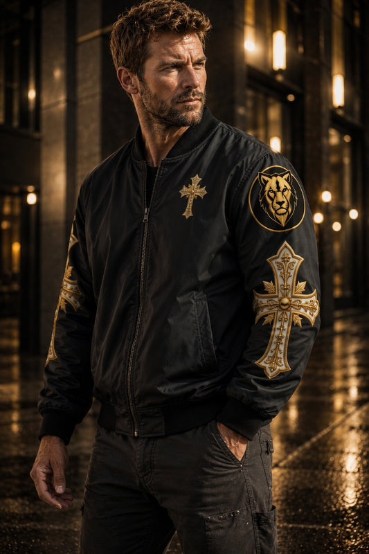 Christ is King (Lion of Judah) - Men's Christian Bomber Jacket (Black)