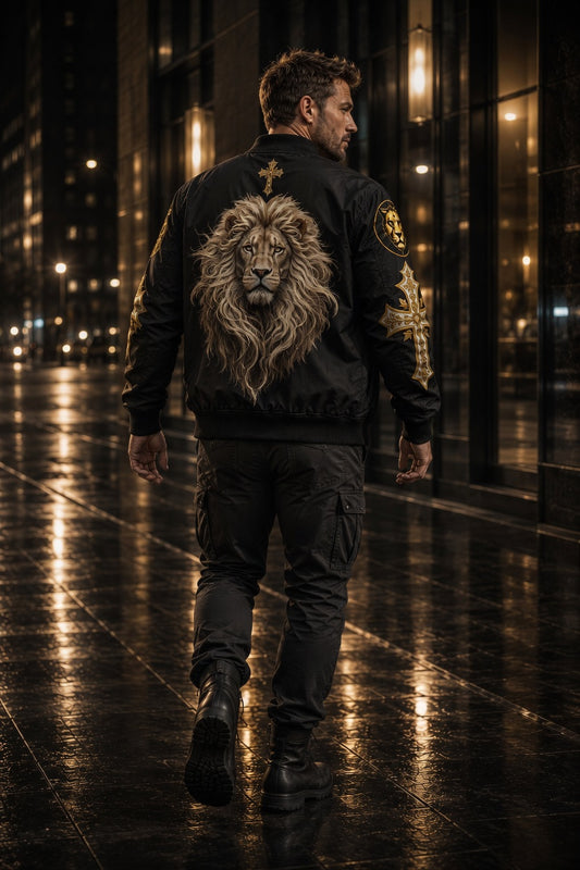 Christ is King (Lion of Judah) - Men's Christian Bomber Jacket (Black)