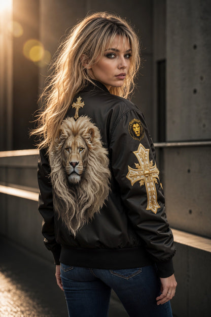 Woman wearing a black jacket with a lion design and cross patterns, standing against a concrete wall.
