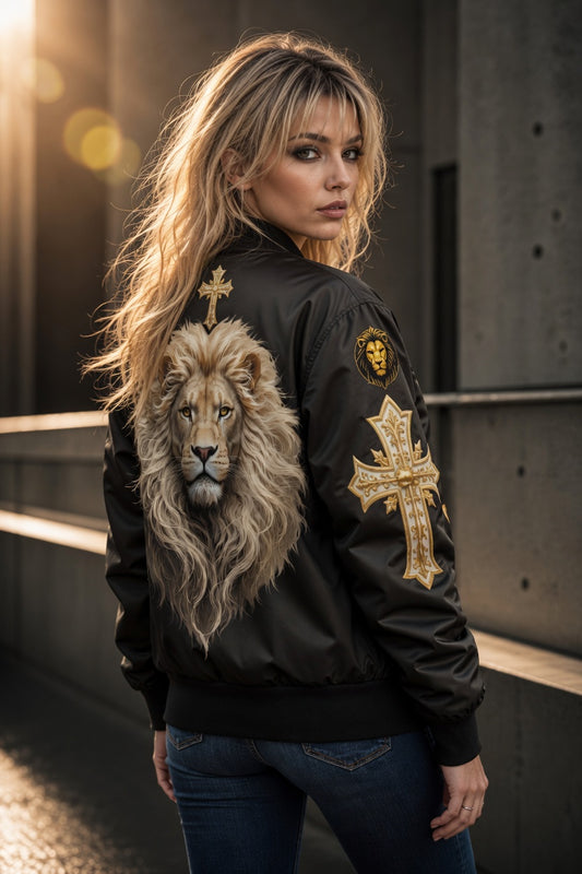 Woman wearing a black jacket with a lion design and cross patterns, standing against a concrete wall.