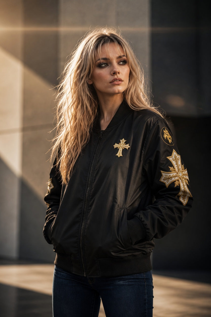 Woman wearing a black bomber jacket with gold crosses, standing against a dark background.
