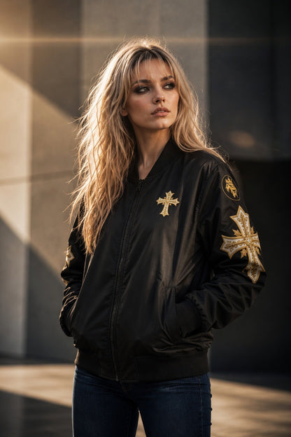 Woman wearing a black bomber jacket with gold crosses, standing against a dark background.