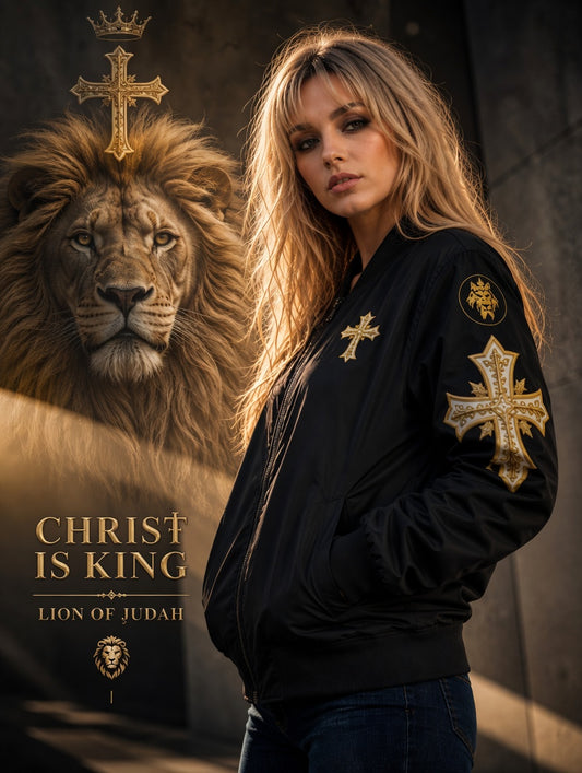 Christ is King (Lion of Judah) - Women's Christian Bomber Jacket (black)