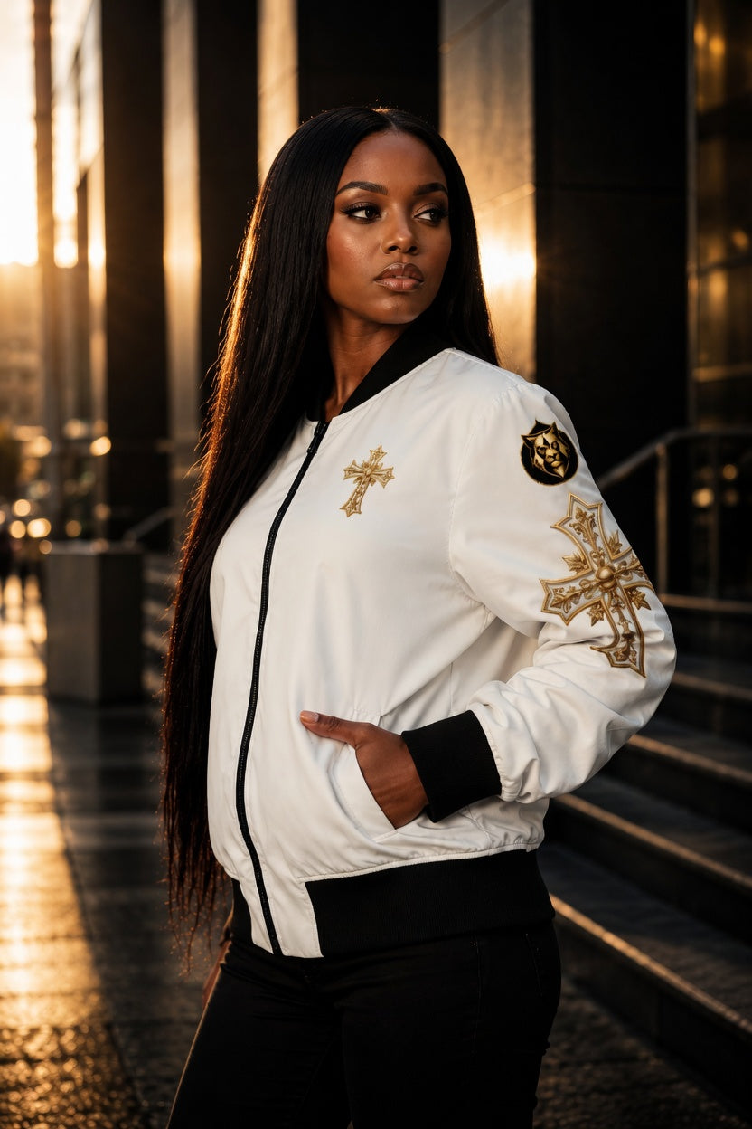 Woman wearing a white bomber jacket with gold designs in an urban setting