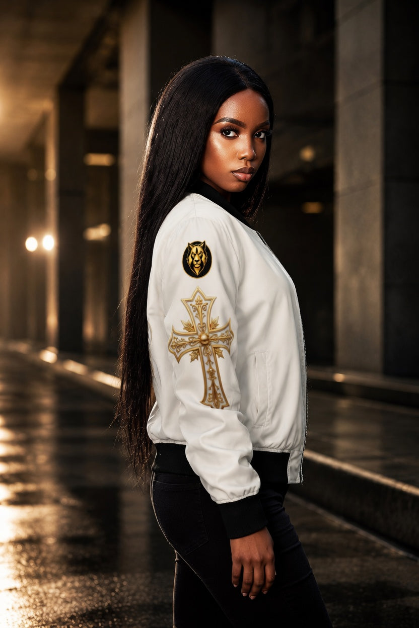Woman wearing a white jacket with gold designs in an urban setting