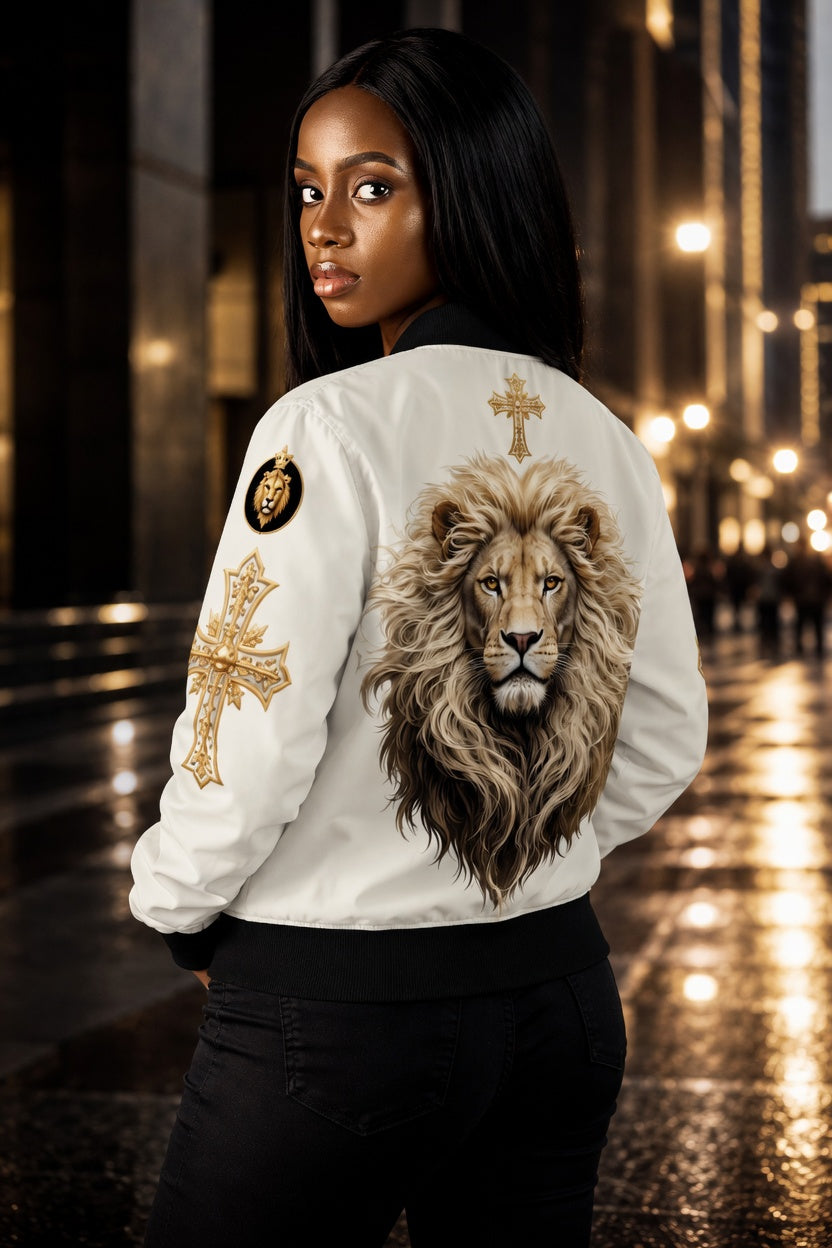 Christ is King (Lion of Judah) - Women's Christian Bomber Jacket (Cream)