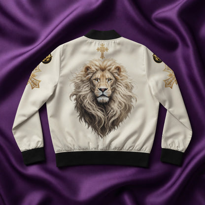 White jacket with lion design on a purple fabric background