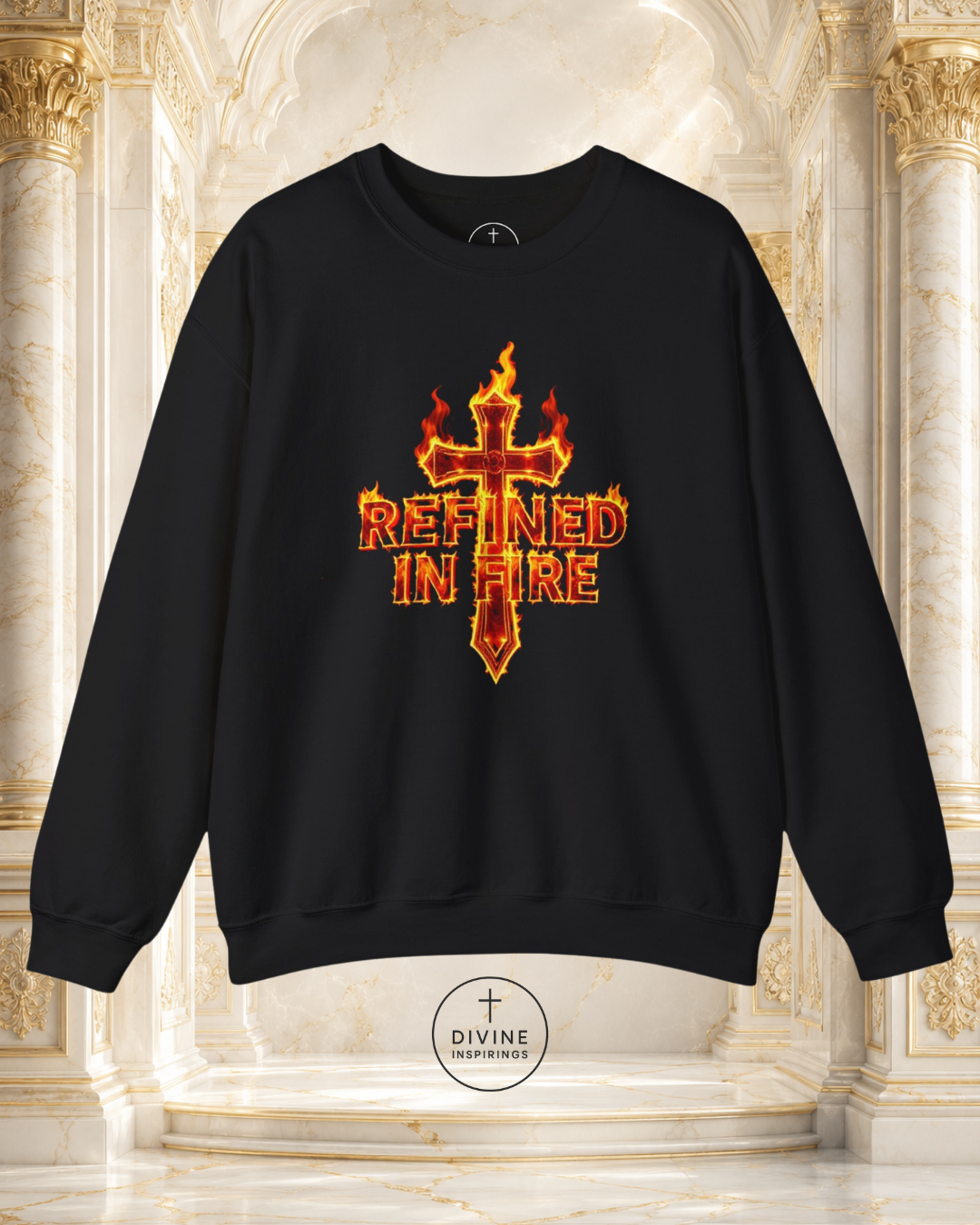 Black sweatshirt with 'Refined in Fire' design on a decorative background