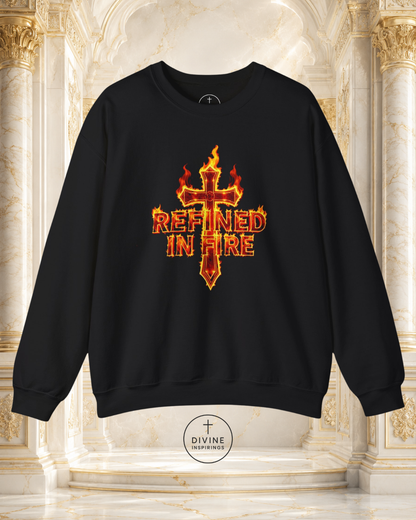 Black sweatshirt with 'Refined in Fire' design on a decorative background