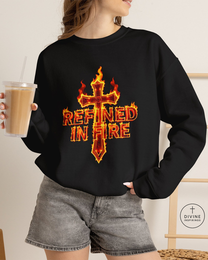 Person wearing a black sweatshirt with a fiery cross design and text, holding a drink.