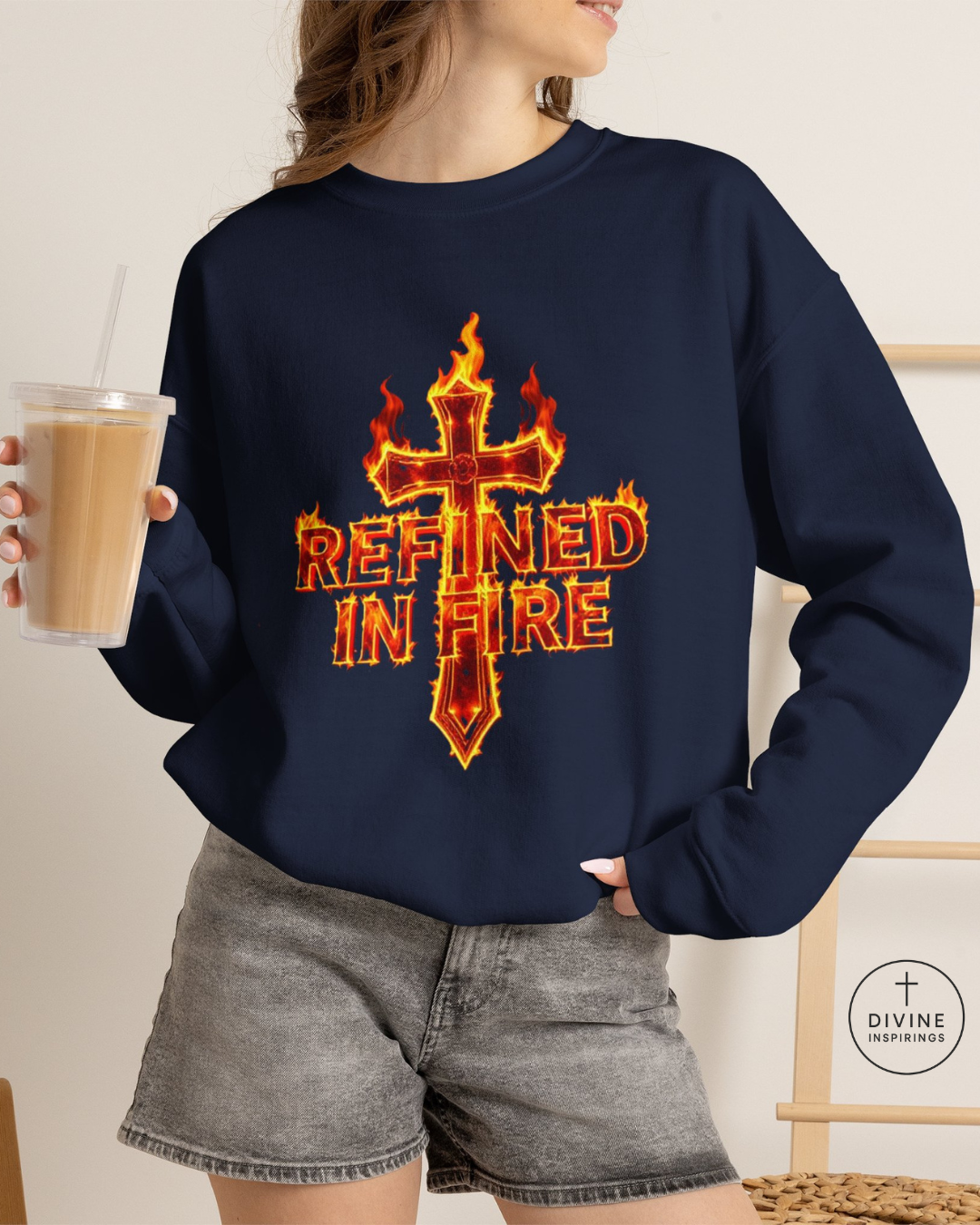 Person wearing a navy sweatshirt with 'Refined in Fire' design, holding a drink.