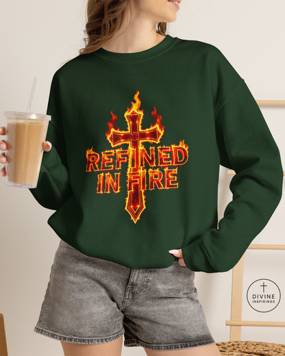 Person wearing a green sweatshirt with 'Refined in Fire' design, holding a drink.