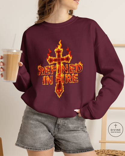 Person wearing a maroon sweatshirt with 'Refined in Fire' design, holding a drink.