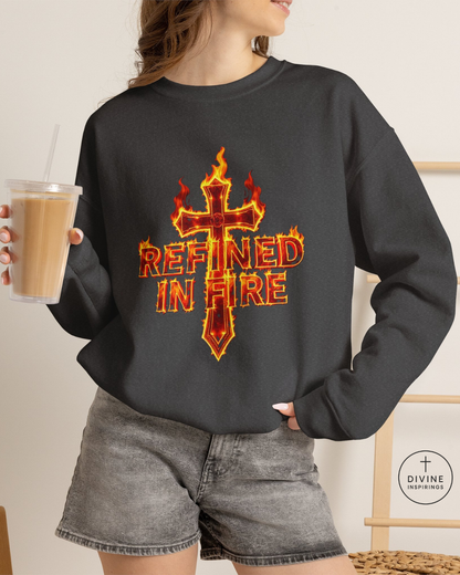 Person wearing a black sweatshirt with 'Refined in Fire' design, holding a drink.