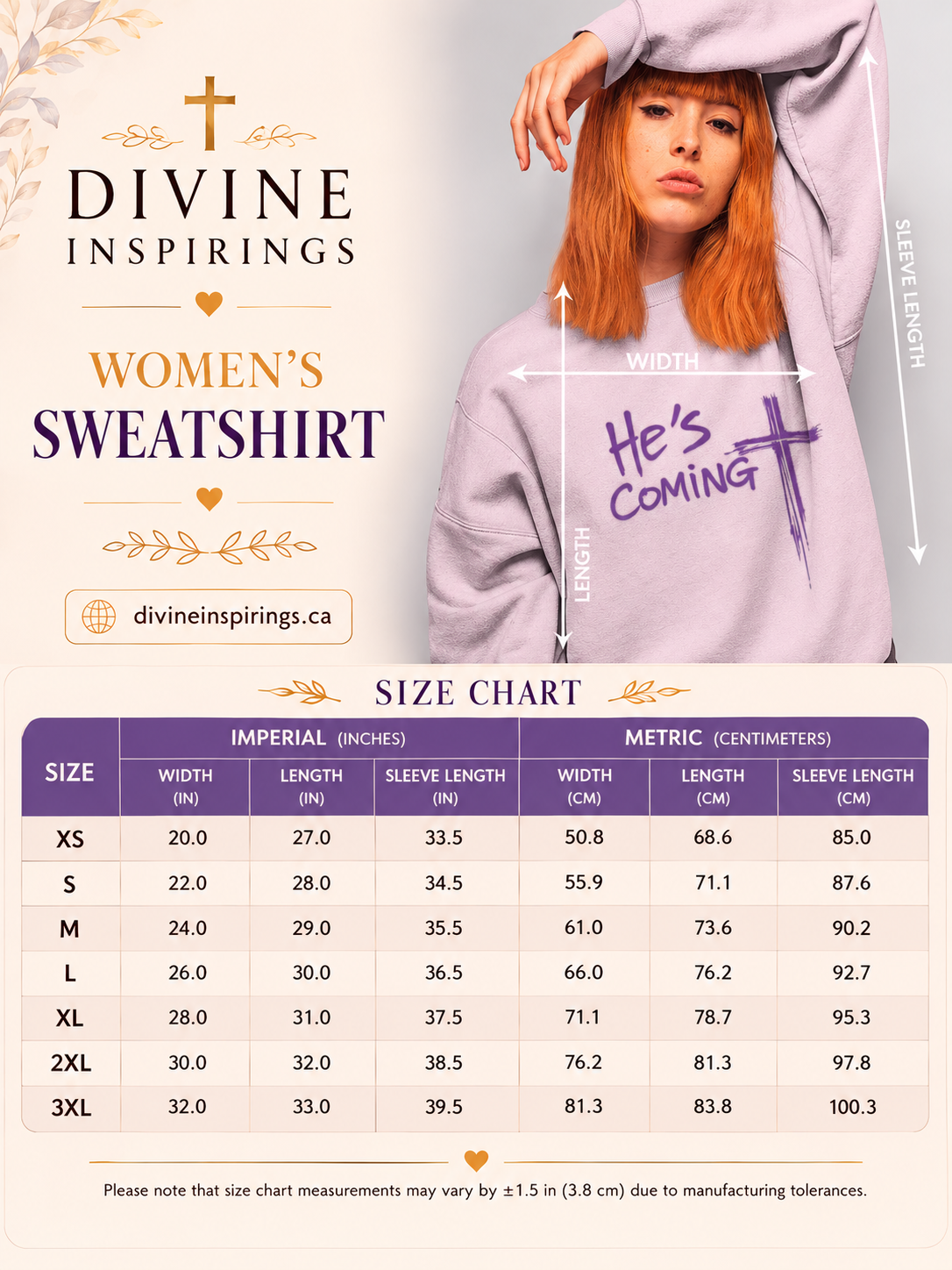 Size chart for women's sweatshirt with a model wearing the sweatshirt and 'Divine Inspirings' branding.