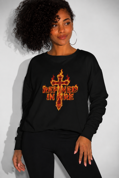 Person wearing a black sweatshirt with 'Refined in Fire' design on a plain background