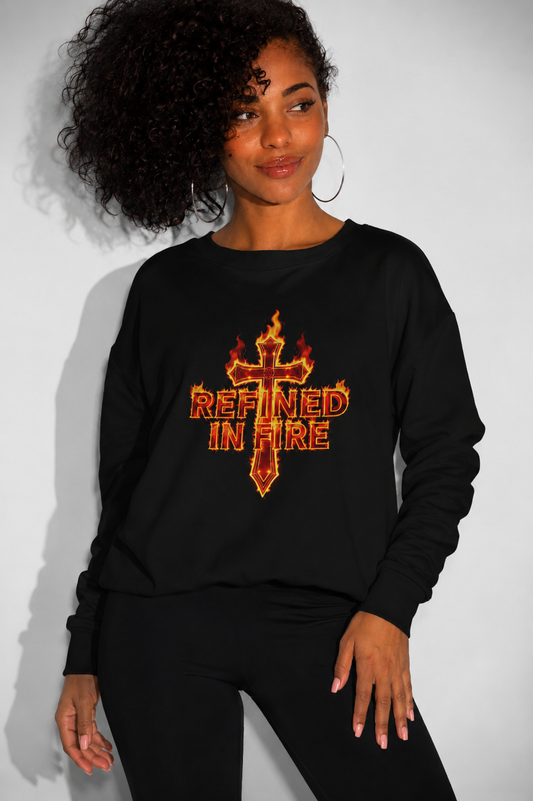 Person wearing a black sweatshirt with 'Refined in Fire' design on a plain background